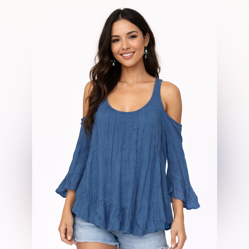 Women's Blue Cold-Shoulder Ruffle Tunic Top